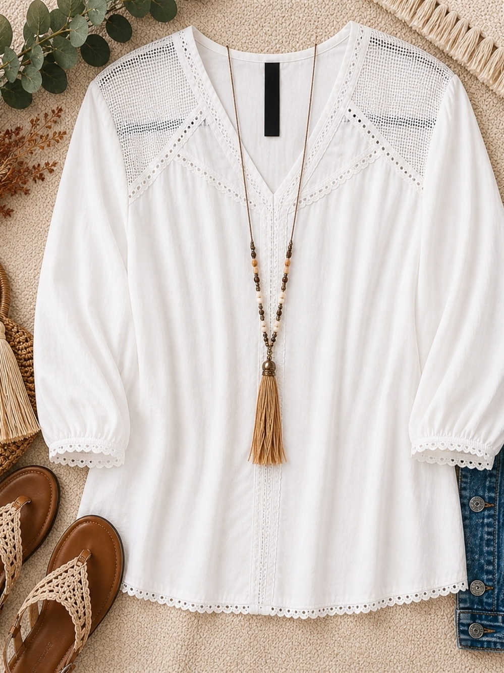 Denver Hayes White Boho Eyelet Blouse 2X